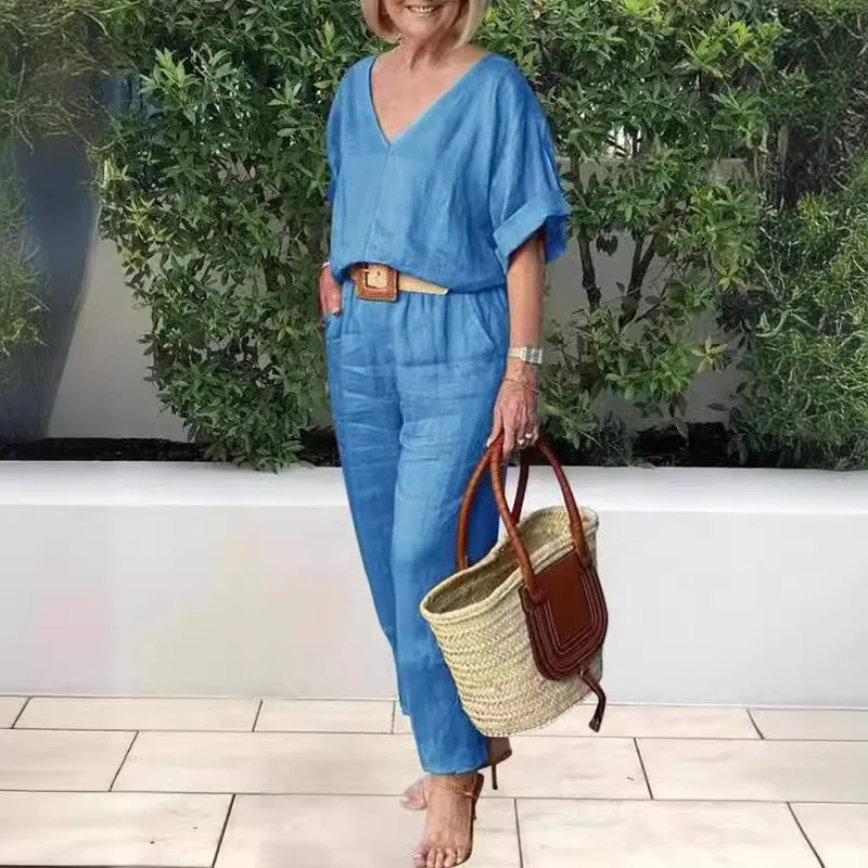 Abito da donna con scollo a V, camicia ampia a maniche corte, pantaloni, set da 2 pezzi casual elegante retrò per donna