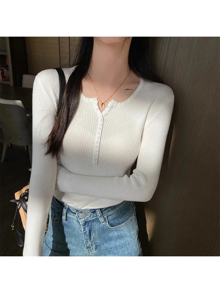قميص محبوك نحيل مرن بأكمام طويلة بلوفر نسائي سترة علوية للربيع والخريف قمصان نسائية ضيقة متماسكة قاع تريكو