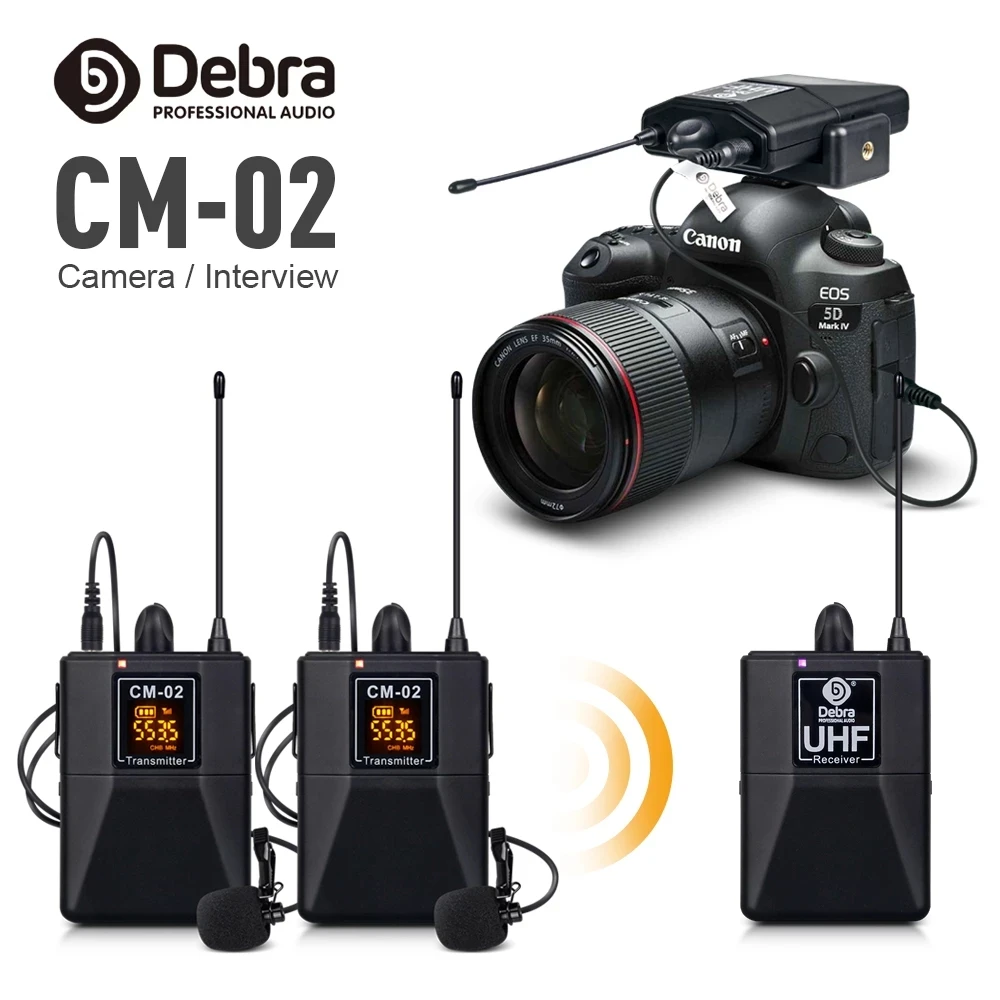 CM02 Wireless Lavalier Microphone UHF Dual Channel Noise Reduction 50m Lapel Mic for SLR DSLR Camera Interview Live Recording