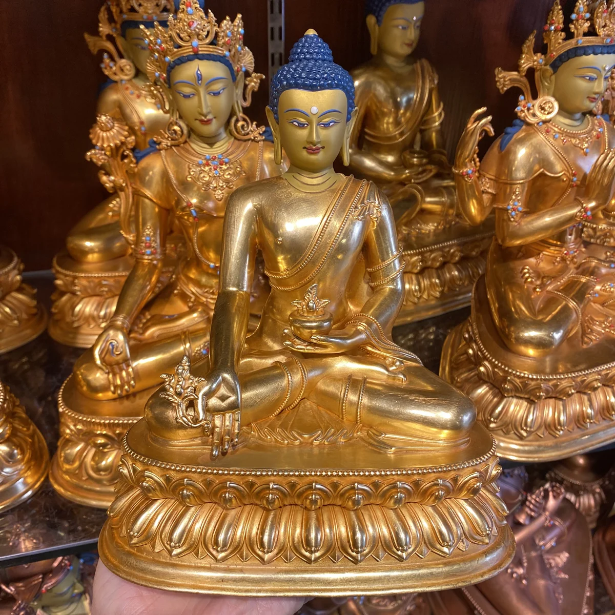 Buddhist supplies Wholesale Buddha statue golden Medicine Master Buddha Copper carving Buddha statue lama monk worship 21cm