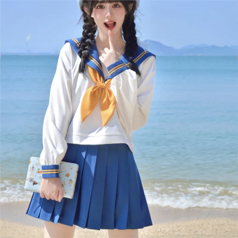 Vestido japonês uniforme escolar para meninas, top de marinheiro, saia plissada, roupa de cosplay, fantasia para senhora, anime japonês branco e azul