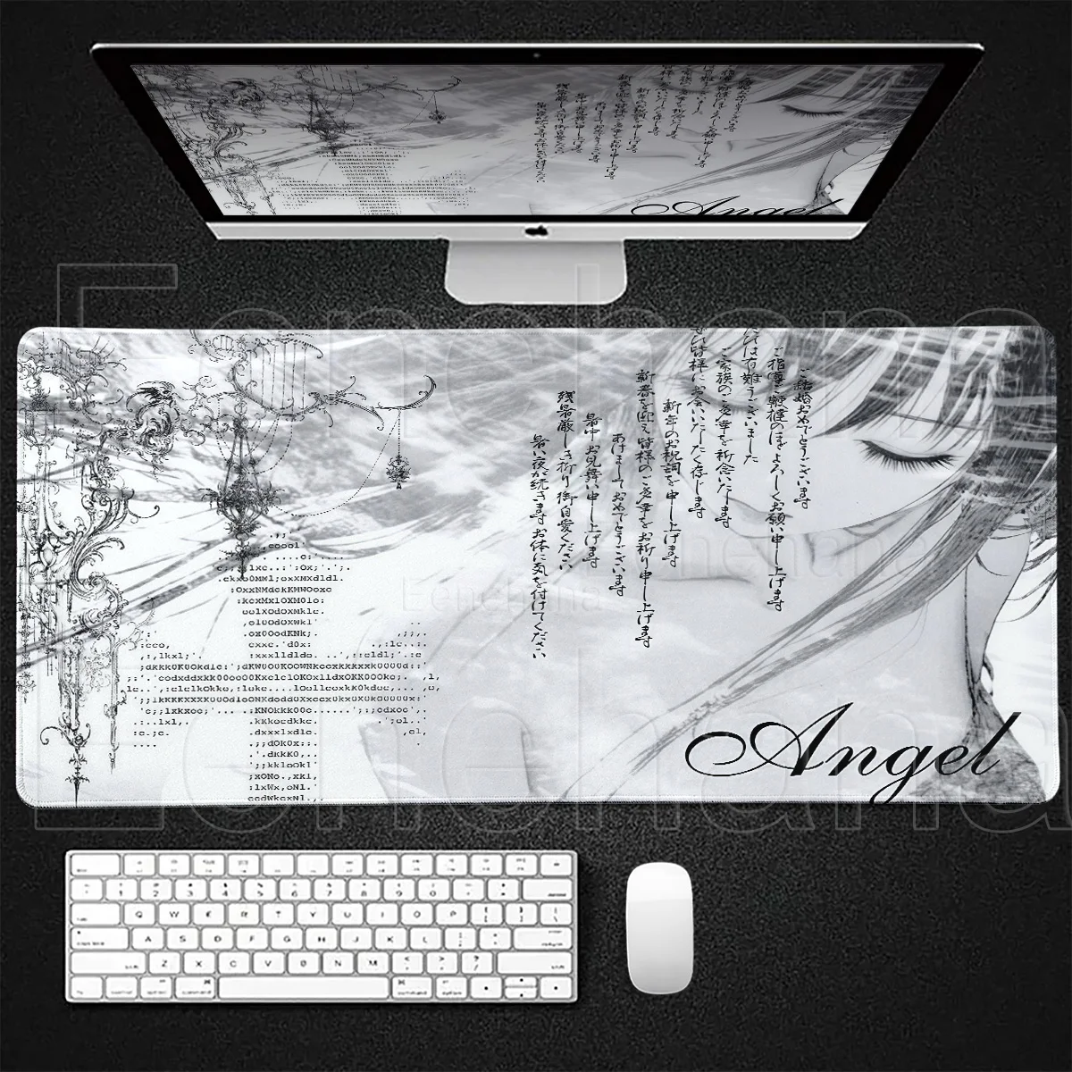 Schwarz-weißes Engel-Mauspad, großes PC-Gaming-Mauspad, Anime-Mädchen-Schreibtischunterlage, XXL-Cartoon-Laptop-Tastatur, Gamer-Zubehör, Büroausstattung