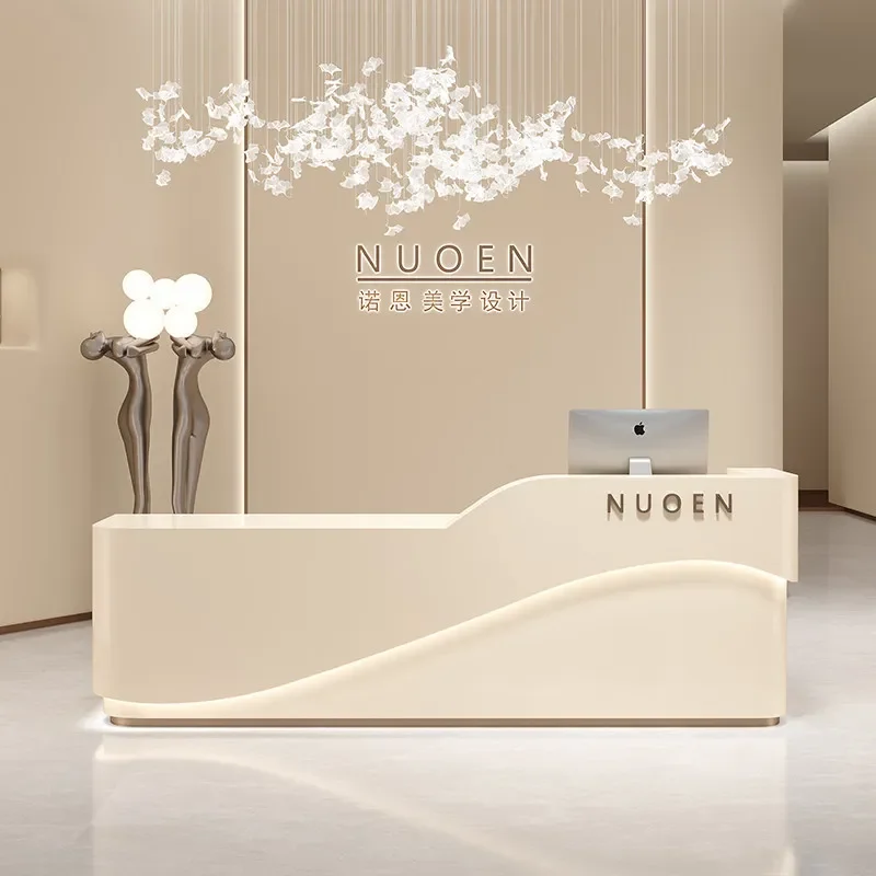Modern Cream Style Curved Front Desk Reception Counter for Clothing Store Bar Beauty Salon Hotel Light Luxury Checkout Table