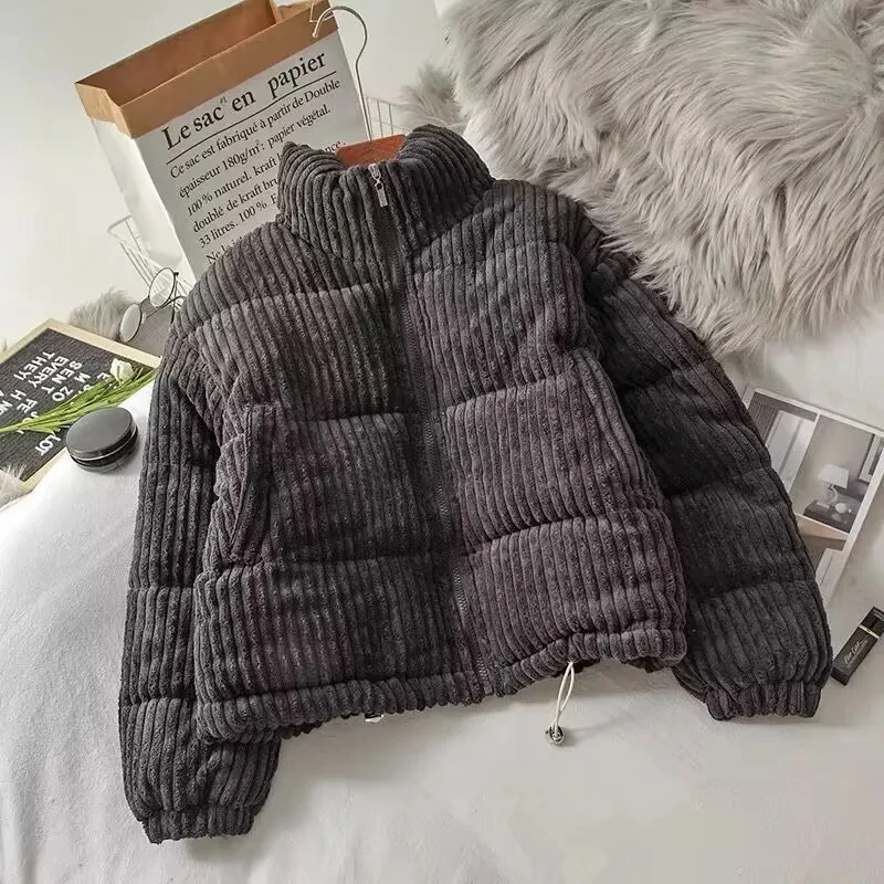 2024 New Winter Warm Thick Parkas Women Fashion Loose Crop Jacket Female Black Cotton Padded Corduroy Elegant Zipper Coat Tops
