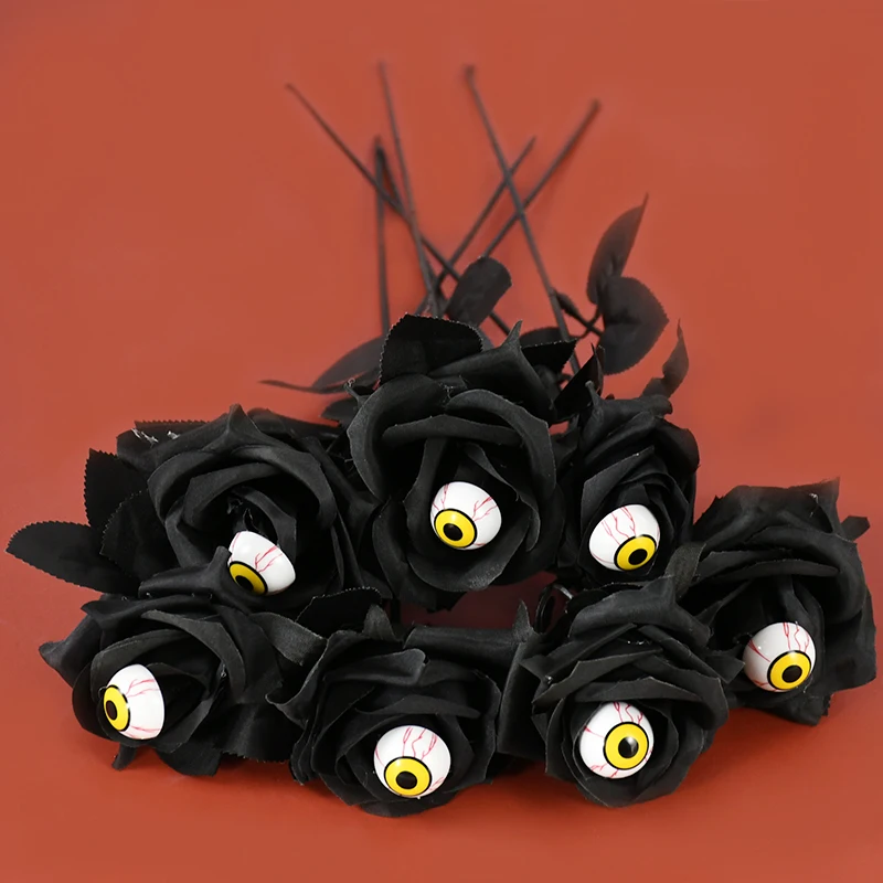 5pcs Plastic Black Devil's Eye Rose Artificial Flower Head Bouquet Home Living Room Weeding Halloween Party Decoration Supplies