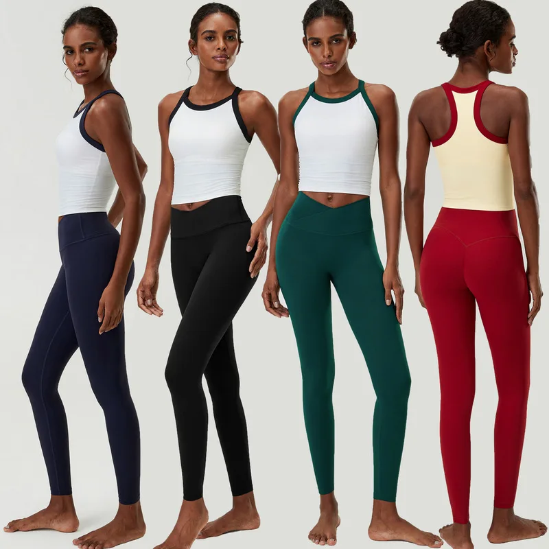 Women Elastic Tight Athletic Yoga Set Contrast Racerback Ribbed Top Cross Waist Leggings Running Tennis Fitness Two Piece Outfit