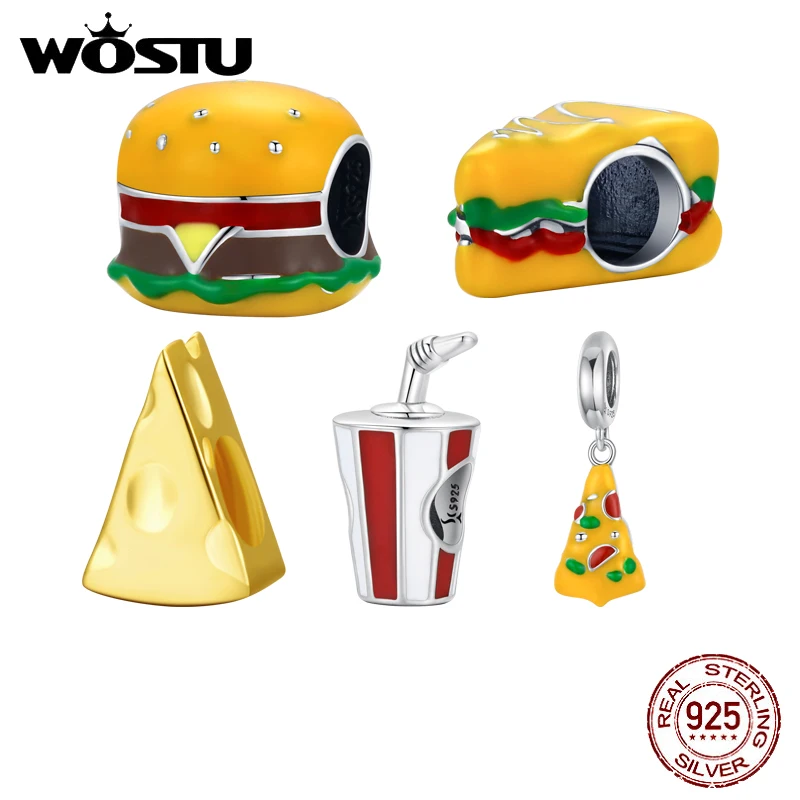 WOSTU 925 Sterling Silver Charm Sandwich Hamburger Cheese Pizza Bead Pendant Fit Original Bracelet Necklace For Women Jewelry