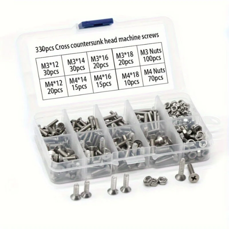 330PCS/570PCS M3 M4 M5 304 Stainless Steel Phillips Cross Flat Countersunk Head Screw Bolt Nut Assortment Kit