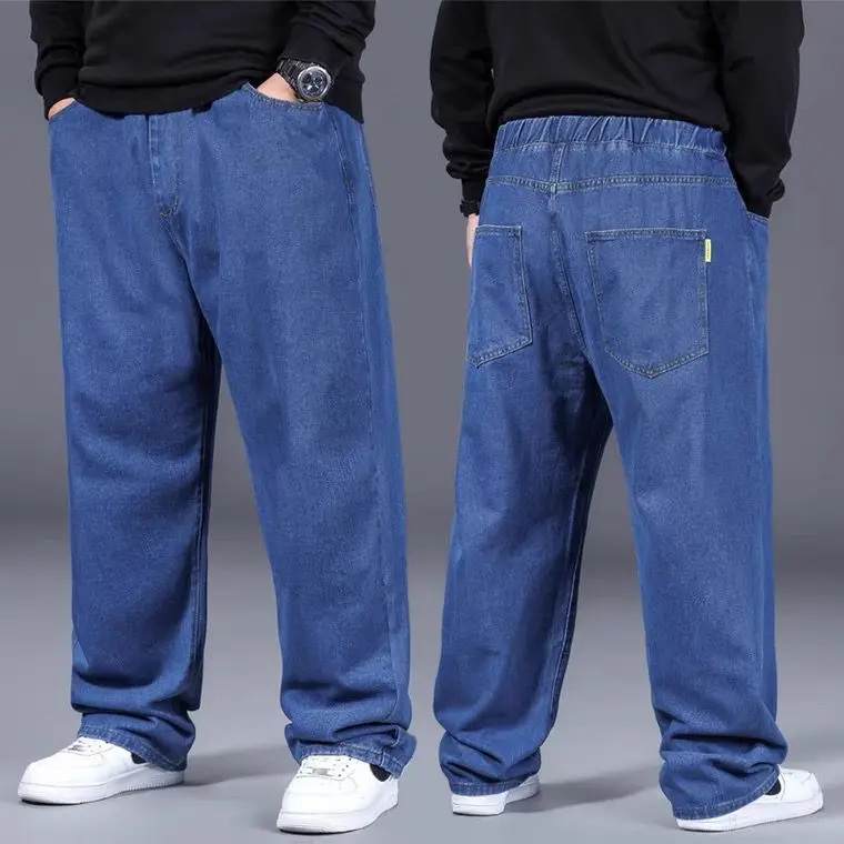 大きいサイズのジーンズメンズスポーツルーズストレートレッグファットマン弾性ウエストパンツ
