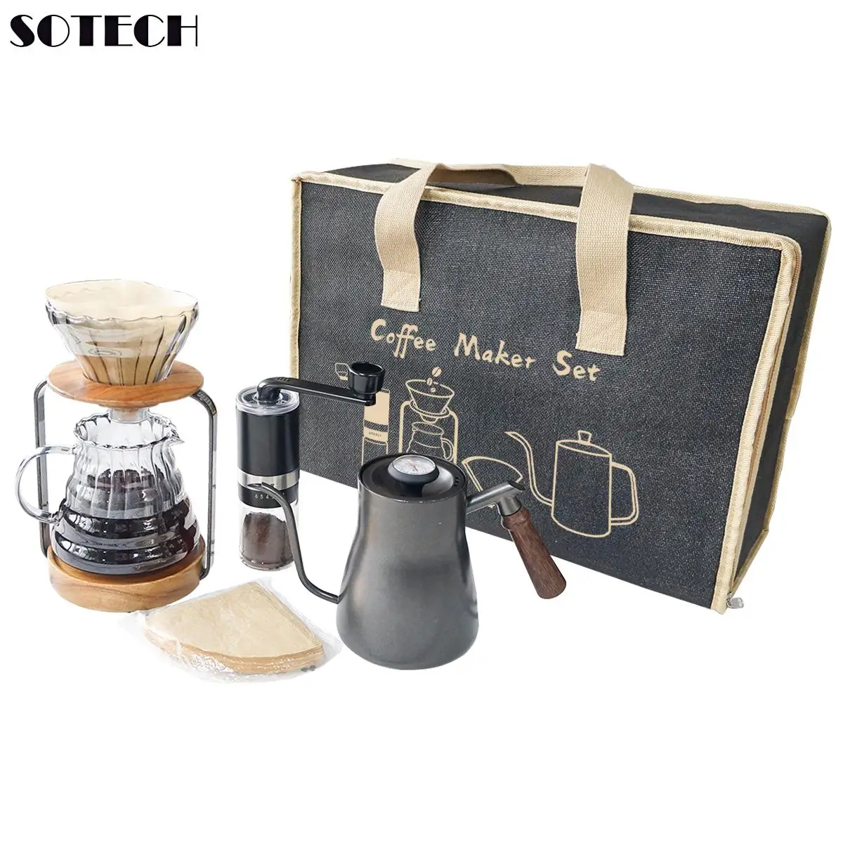 

Portable Pour Over Coffee Maker Set for Camping,Picnic,Travel,Home Party,with Stand,Dripper,Kettle,Manual Grinder,Server,Filters