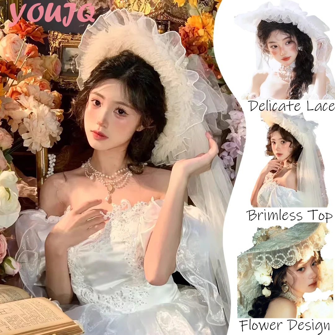 

Свадебные повязки с цветочным кружевом и бантом, шляпы волшебника для женщин, карнавальный костюм Лолиты для фотосессии, вечерние шляпы на Хэллоуин