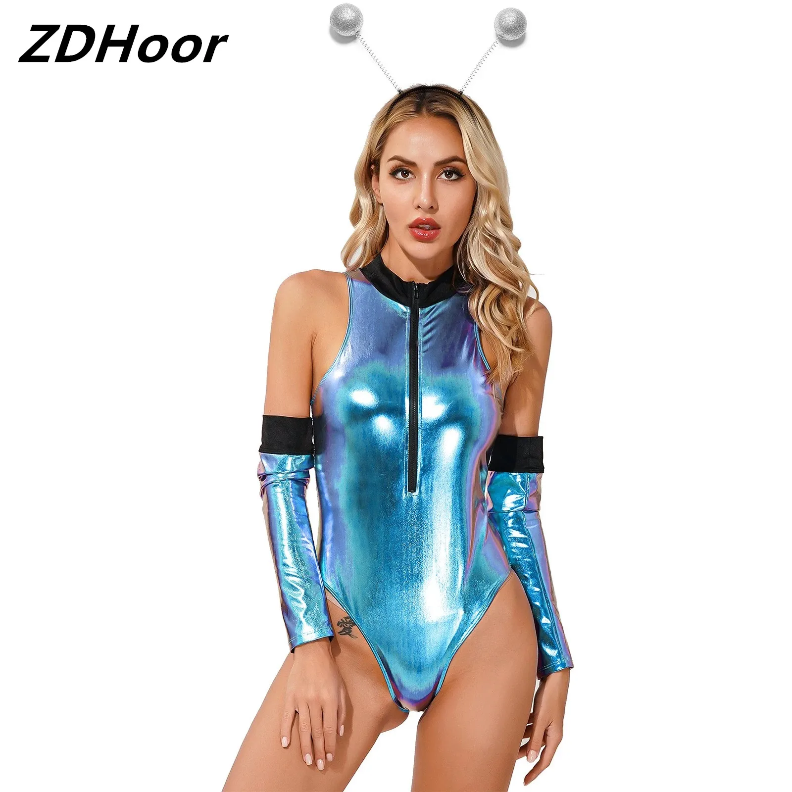 

Womens Alien Role Play Outfits Shiny Patent Leather Sleeveless Bodysuit Zipper Catsuit with Arm Sleeves And Headband