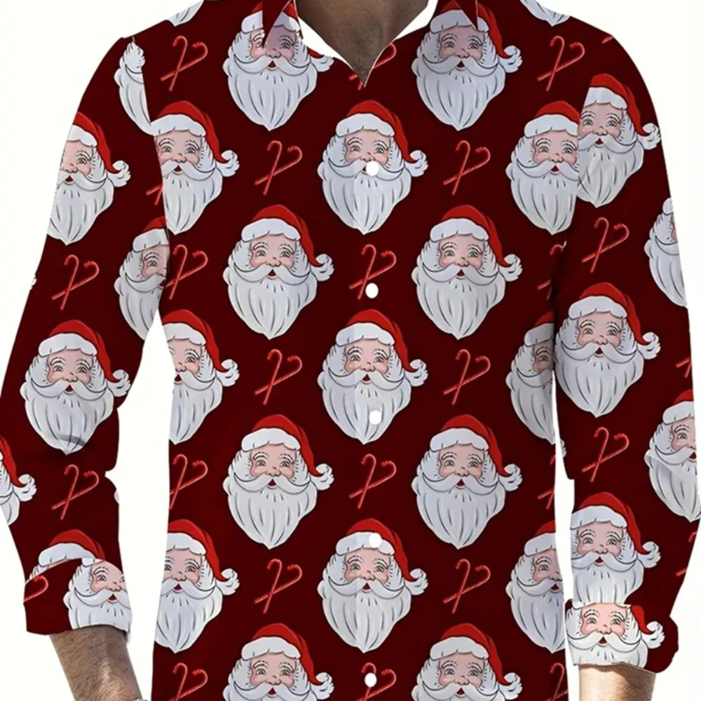 2024 Christmas Shirt Men's Holiday Shirt Christmas Print Pattern Men's Long Sleeved Shirt Fashionable Red Men's Button Up Shirt