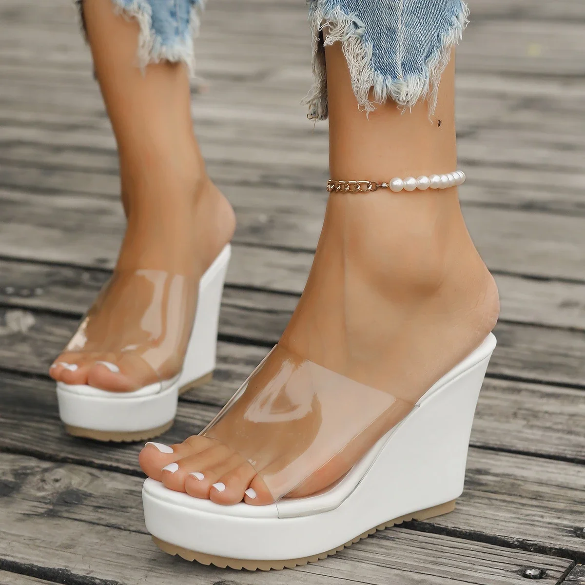 

Hot Sale Open Toe Women's Slippers Transparent Solid Outdoor Casual Platform Wedge Large Size Slippers 2024 Summer Ladies Shoes