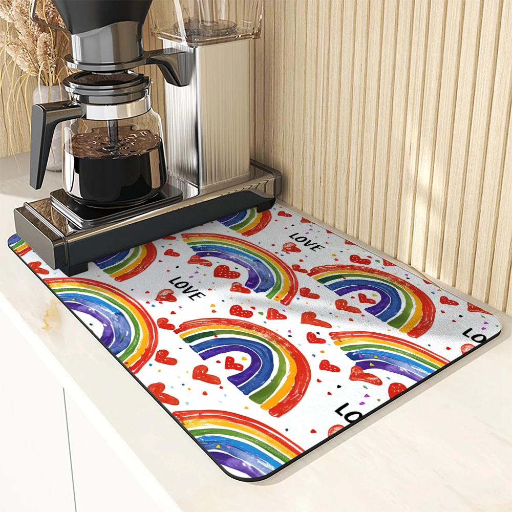 1pc Drying Mat Pride Month Rainbow Love Non-Slip Absorbent Mat Tableware Kitchen Counter Drain Mats Placemats for Table