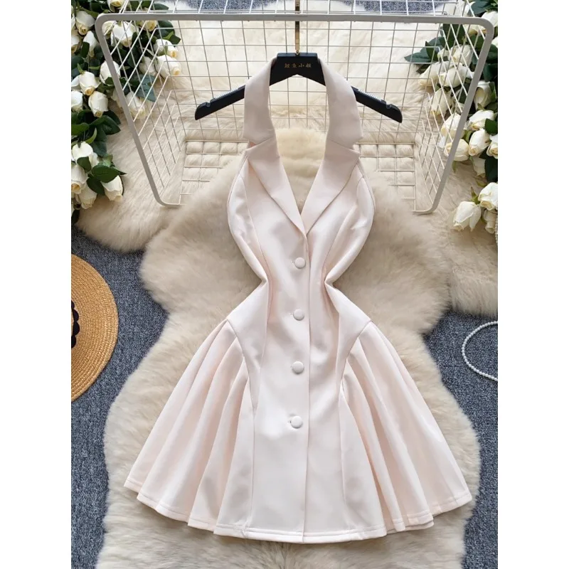 

Women Deep V Suit Collar Mini Dress Summer New Fashion Temperament Sexy Hanging Neck Sleeveless Waist Pleated Backless Dress