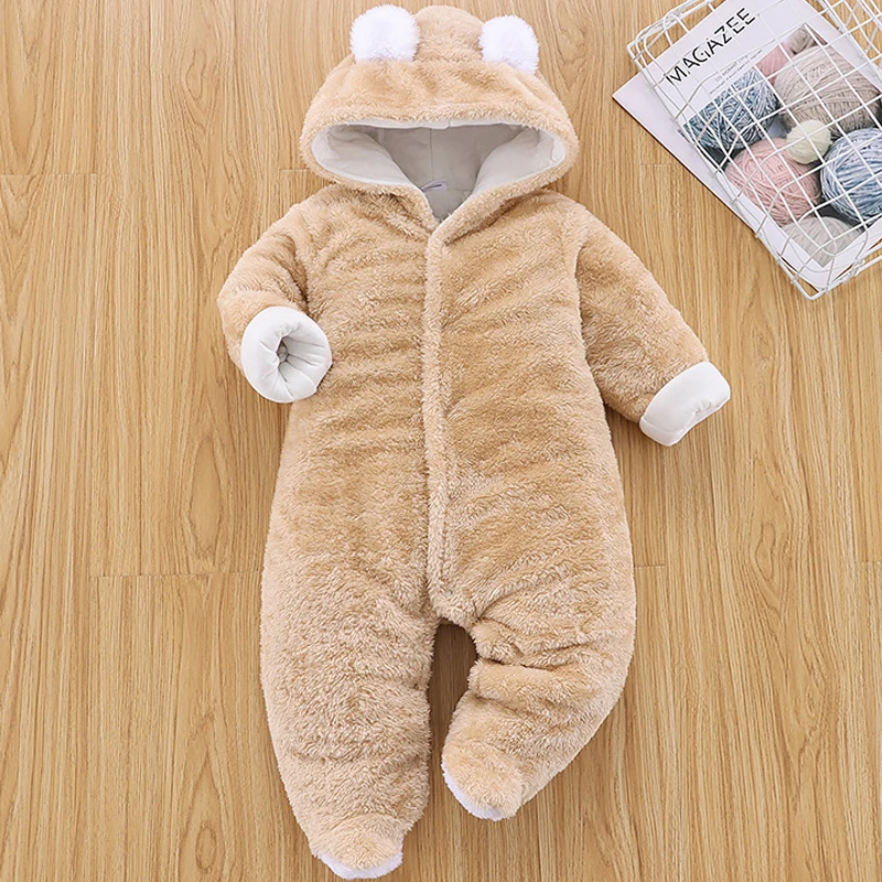 Winter Baby Girl Romper Newborn Infant Jumpsuit Clothes Ear Hooded Long Sleeve Footies Kid Boy Overalls Thicken Children A769