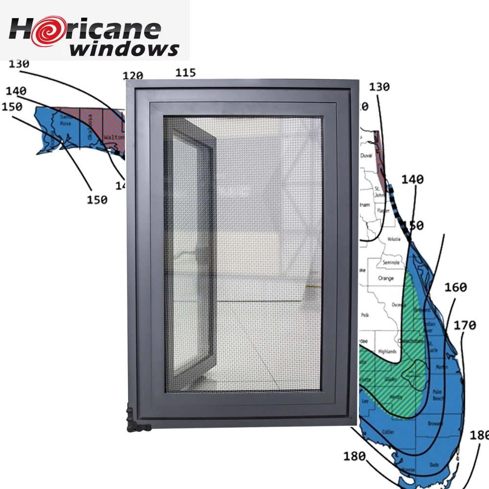 Premium High-Performance Hurricane Impact Resistant Aluminum Alloy Casement Window with Protective Mesh Screen for Coastal Areas