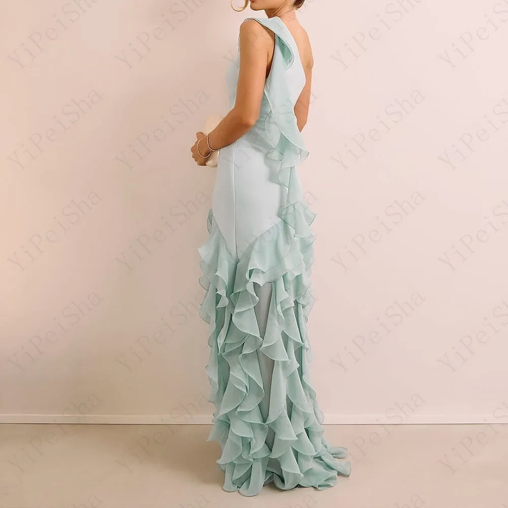 맞춤형 A 라인 댄스 파티 드레스 바닥 길이 원 숄더 민소매 이브닝 가운 간단한 패션 계층 드레이프 파티 가운