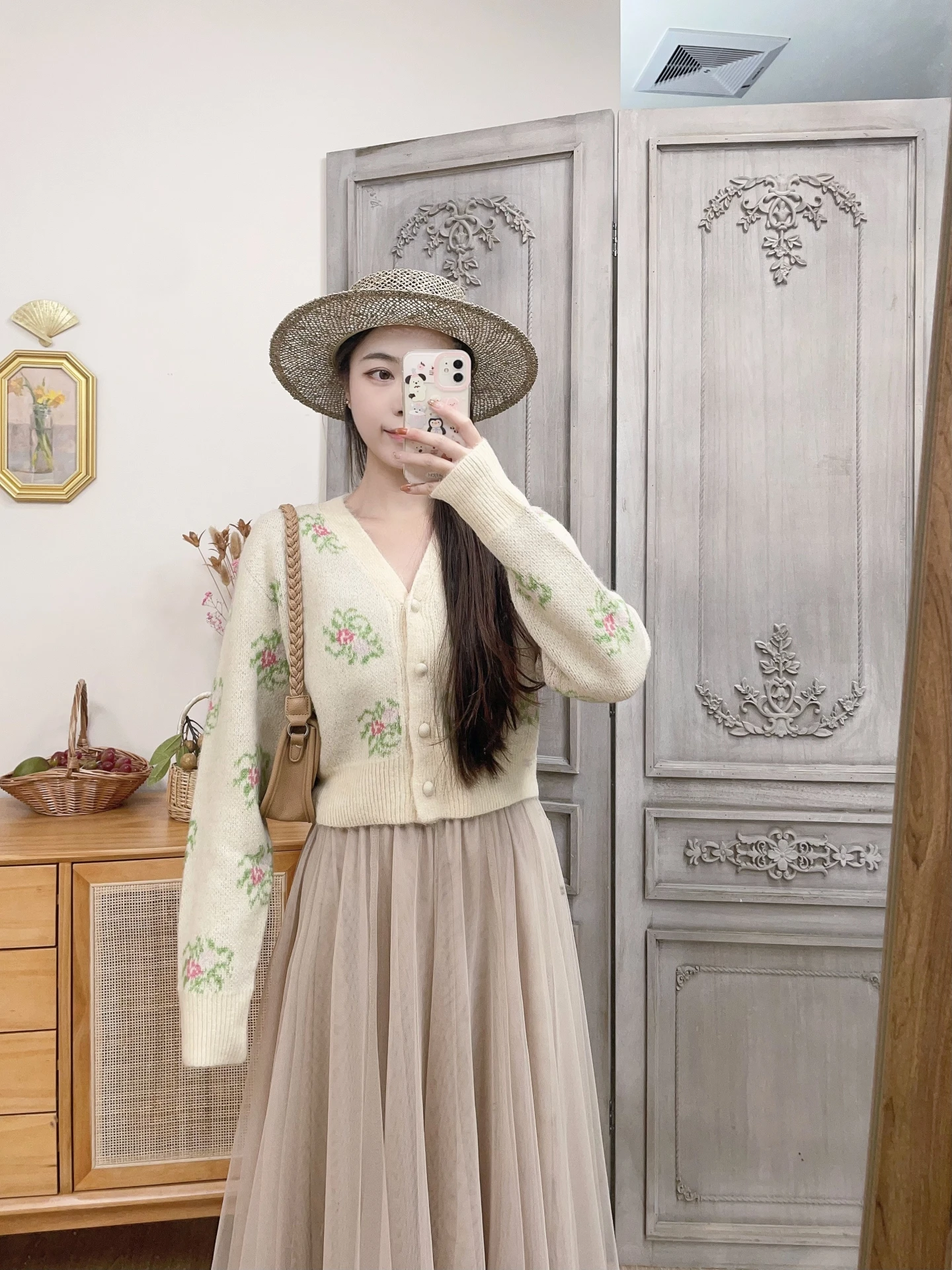 

MOBAI Vintage Sle Floral ort Sweater Women's Autumn Winter A-Line Skirt Soft Polyester Fiber Warm V-Ne Long Sve