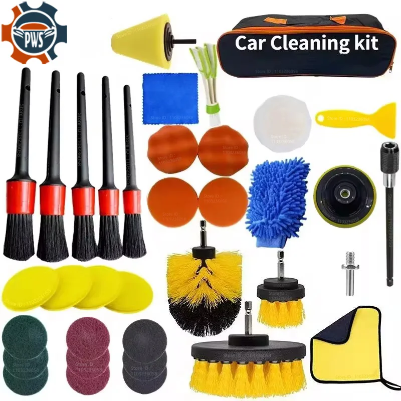 PWS New Car Cleaning Kit Scrubber Drill Detailing Brush Set Air Conditioner Vents Towel Polisher Car Auto Detailing Tools