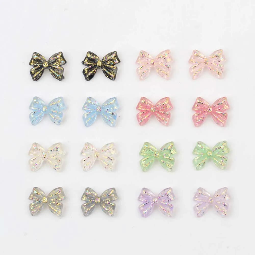 Kawaii Acrílico Bow Tie Nail Art Encantos, Design 3D, Brilhante Pó Dourado, Aurora Bowknot, Decoração de Unhas, DIY Manicure Peças, 50Pcs