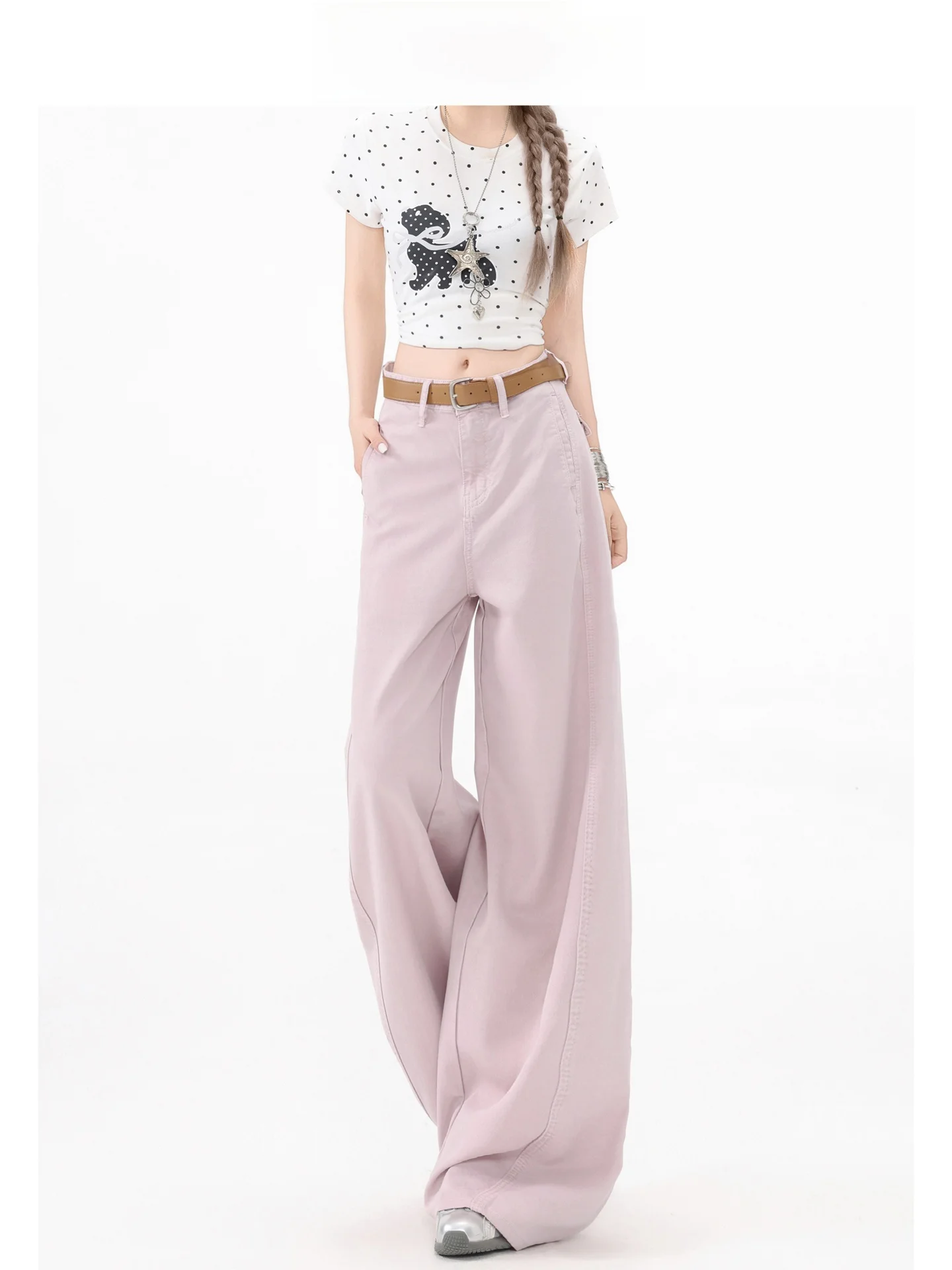 Calça Jeans Feminina Forever 21 Rosa Doce e Descolada de Cintura Alta com Perna Larga, Jeans Casual de Cintura Média com Caimento Reto e Comprimento Longo para o Verão