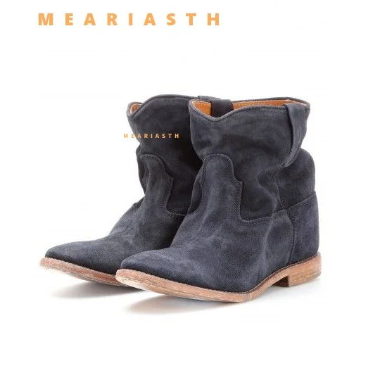 

Suede Ankle Booties Round Toe Retro Slip On Genuine Leather Internal Height Oxford Sole Woman Short Boots Spring Casual Shoes