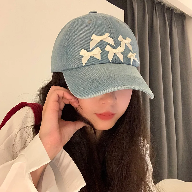 Women's Korean-Style Bowknot Embroidered Baseball Cap Spring Summer Fashion Casual All-Match Big Circumference Face-Looking