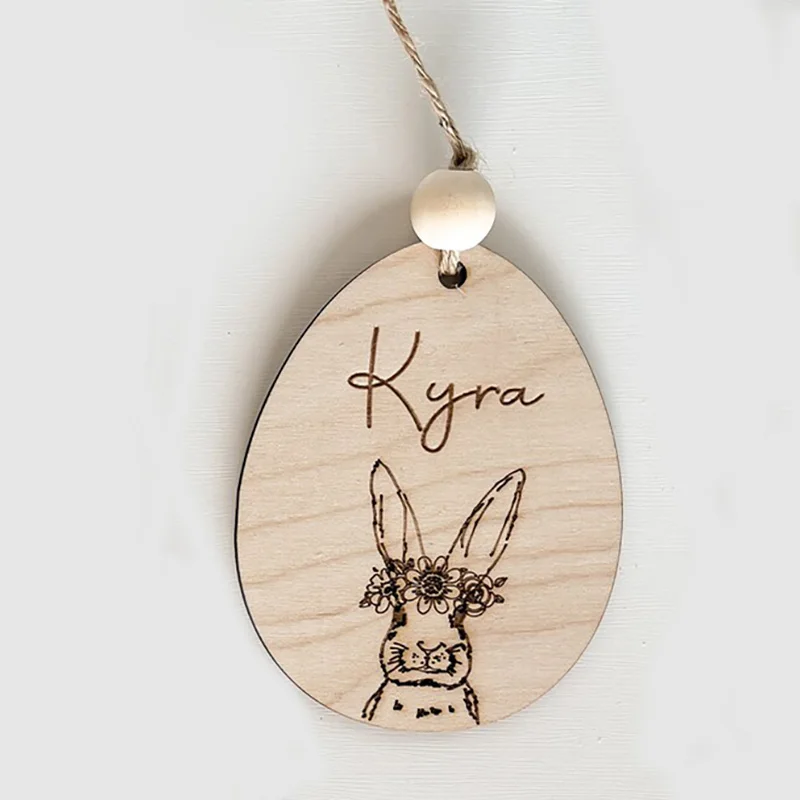 Personalized Bunny Rabbit Wooden Sign Happy Easter Party Egg Hunt Basket Bucket Bag Name Tag Ornament Family Kid Boy Girl Gift