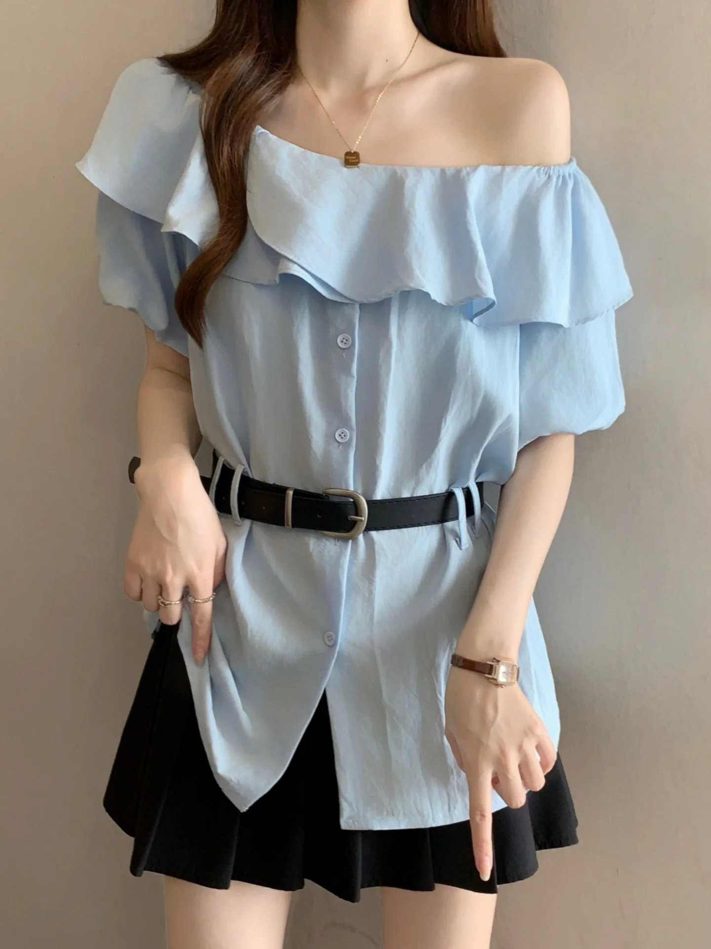 

Flounce Sleeve One Shoulder Short Sleeve Shirt Women Summer 2026 New plus Size Slimming Top Button Detail Waist Cinch Korean ...