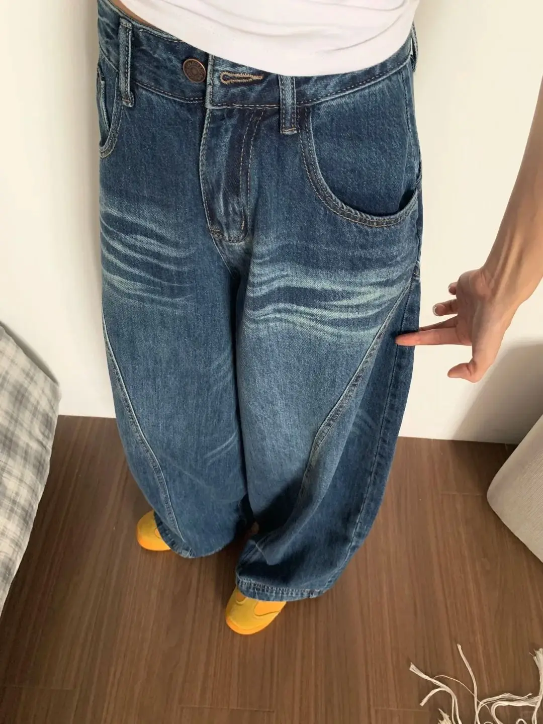 Pantalones de pierna ancha elásticos para mujer otoño tierno holgado Amekaji escuela Patchwork pana tejido forrado cintura elástica OL