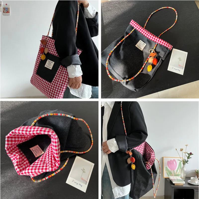 

American Double-Sided Plaid Denim Canvas Bag Versatile Commuter Tote Bag Available On Both Sides Of Retro Contrasting Handbag