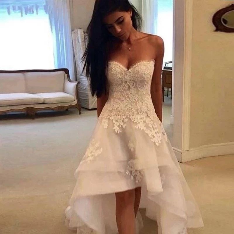 

ANGELSBRIDEP High-Low Lace Applique Wedding Dress Robe De Mariee Sexy Sweetheart Ruffles Formal Party Robe Hot Plus Size