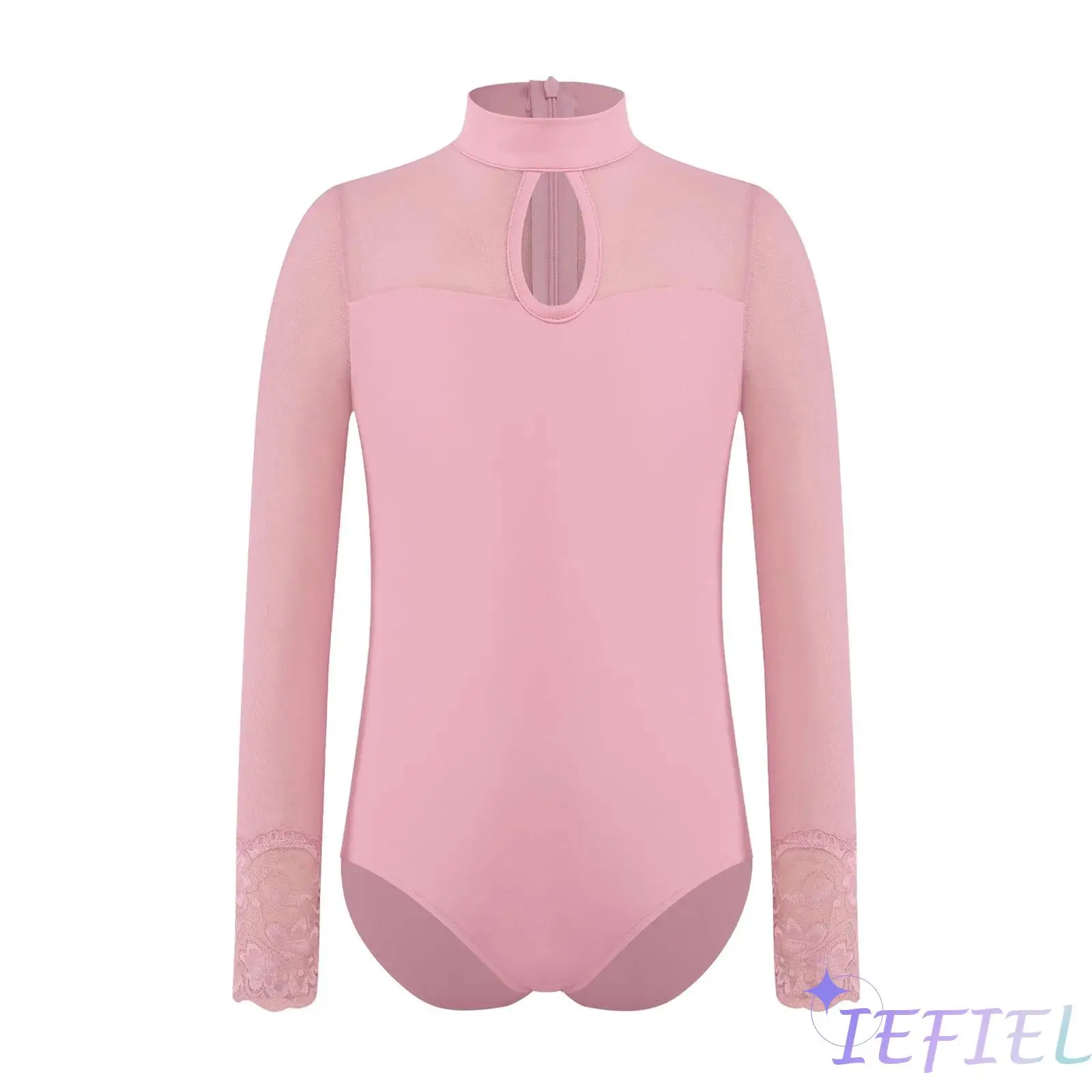 

Kids Girls Lace Cuffs Dance Leotard Mesh Patchwork Long Sleeve Mock Neck Keyhole Front Back Invisible Zipper Gymnastics Bodysuit