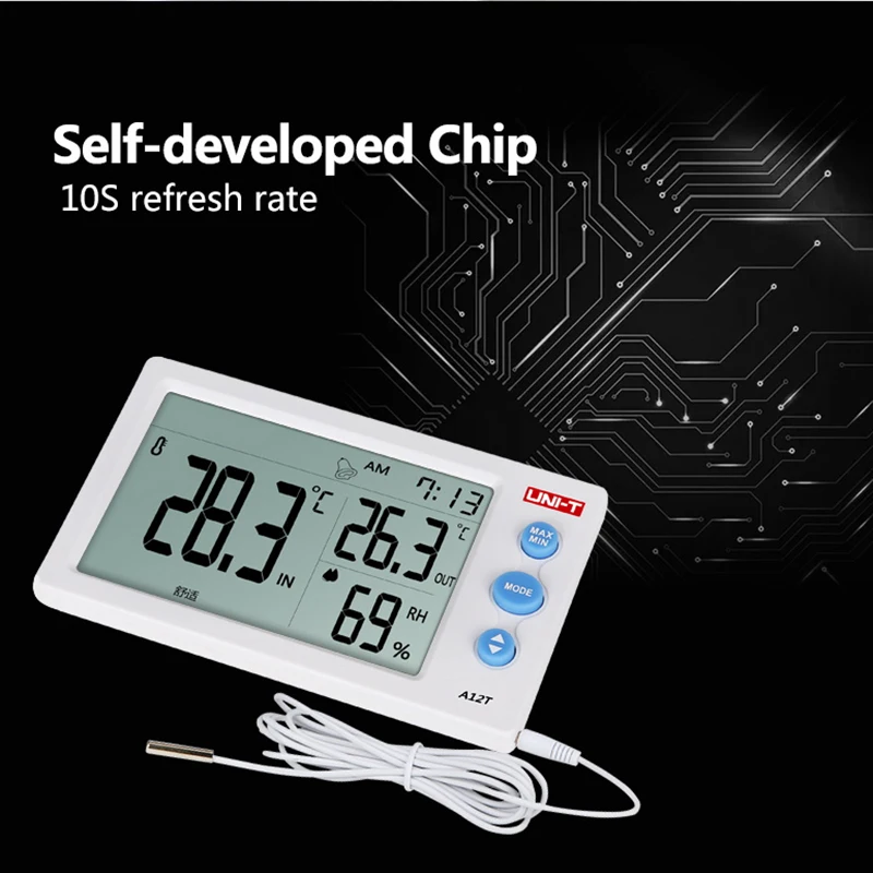 UNI-T A12T الرقمية LCD ميزان الحرارة رطوبة درجة الحرارة الرطوبة متر المنبه محطة الطقس داخلي في الهواء الطلق أداة