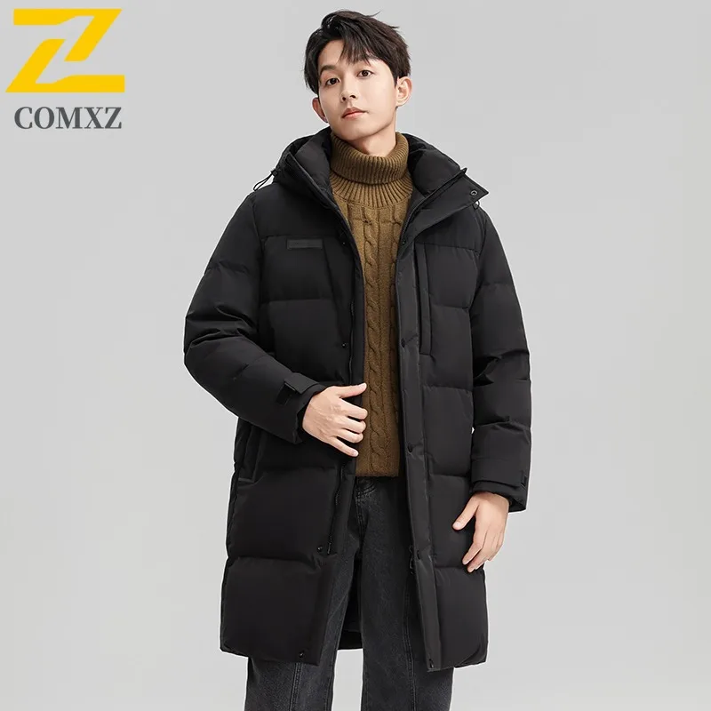 COMXZ Winter Lightweight Puffer Jacket Men Designer Thermal White Duck Down Filler Coat High Quality Ski Hooded Long Down Jacket