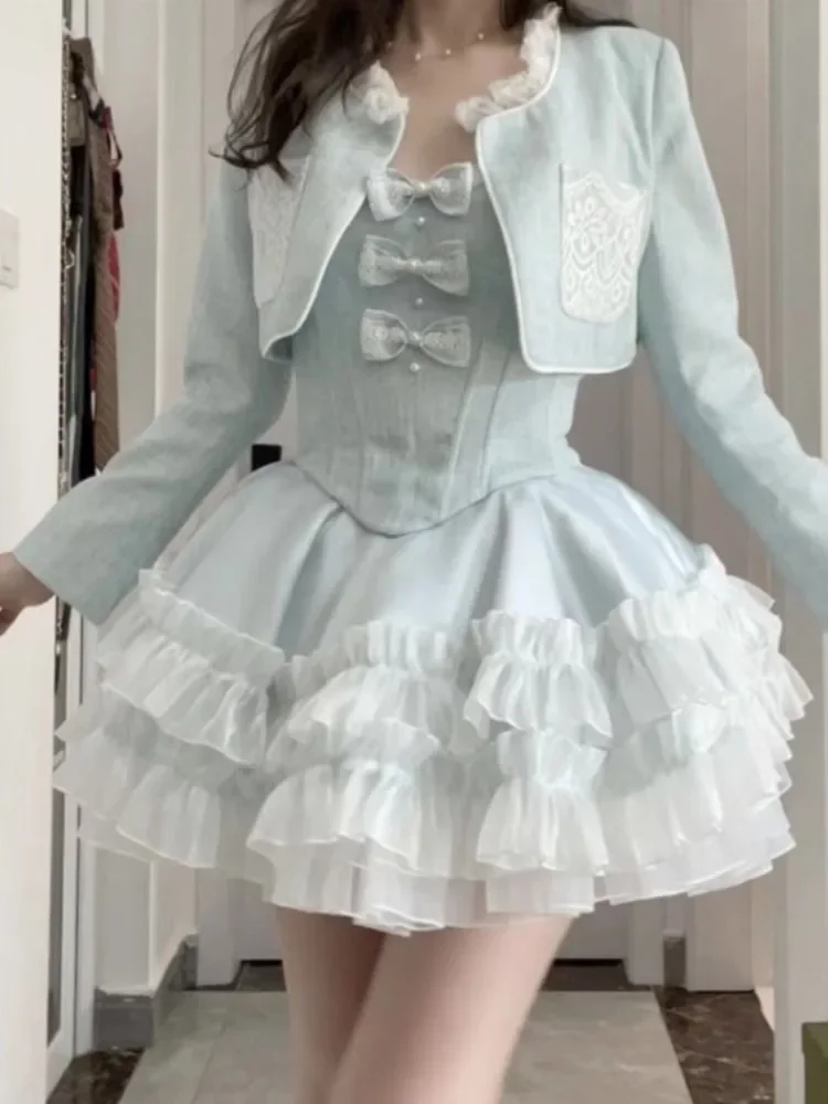 

Y2k Harajuku милое платье-бретелька + эстетический гранж модный винтажный кардиган женское пальто на заказ синие комплекты из двух предметов