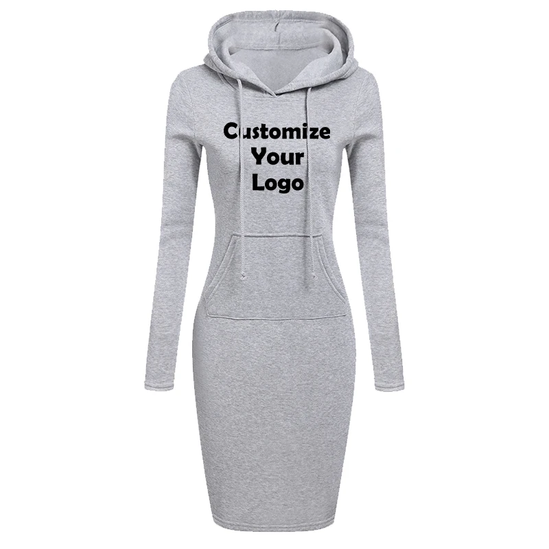 Customized Autumn Winter Fashion Sweatshirt Dresses for Women Pocket Hooded Casual Dress Solid Color Long Sleeve Mini Dress