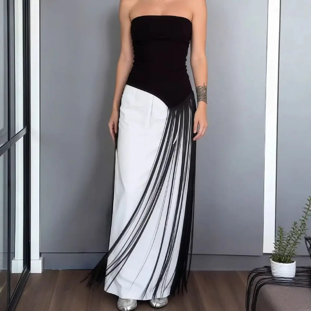 Slim Fit Off Shoulder Top Patchwork Design Solid Color Tassel Top Long Length Fringe Detail Tube Top Street Fashion