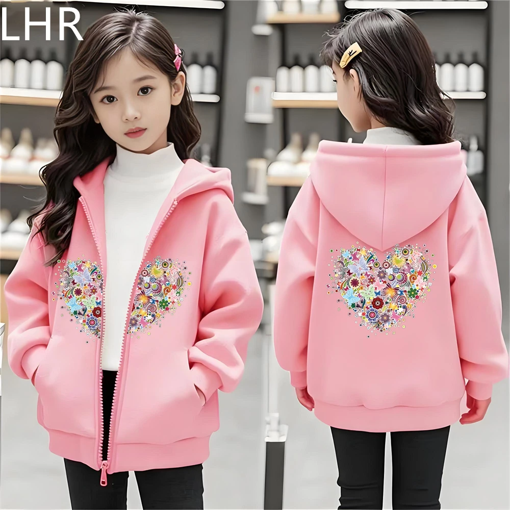 Girl Pink Coat Children's Hoodie 3-12 Years Zip Up Tops Black Outdoors Long Sleeve Heart-Shaped Print Pattern Boy Clothing