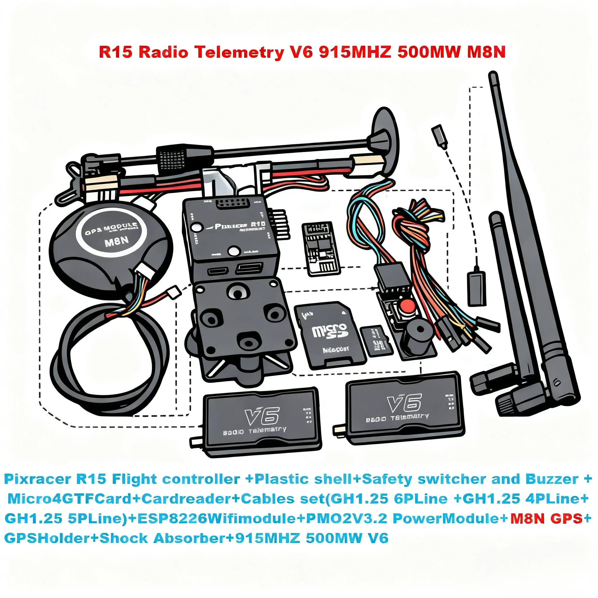 Pixracer r15 piloto automático xracer px4 pixhawk controlador de vôo m8n/m9n/m10 gps rádio telemetria v6 conjunto rc quadcopter ardupilot