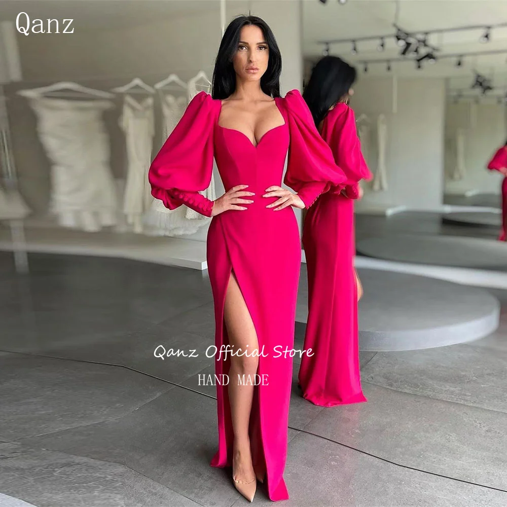 

Qanz High Quality Fuchsia Evening Dresses Sweetheart Long Sleeves High Leg Slit Mermaid Vestidos De Gala 2023 Dresses For Women