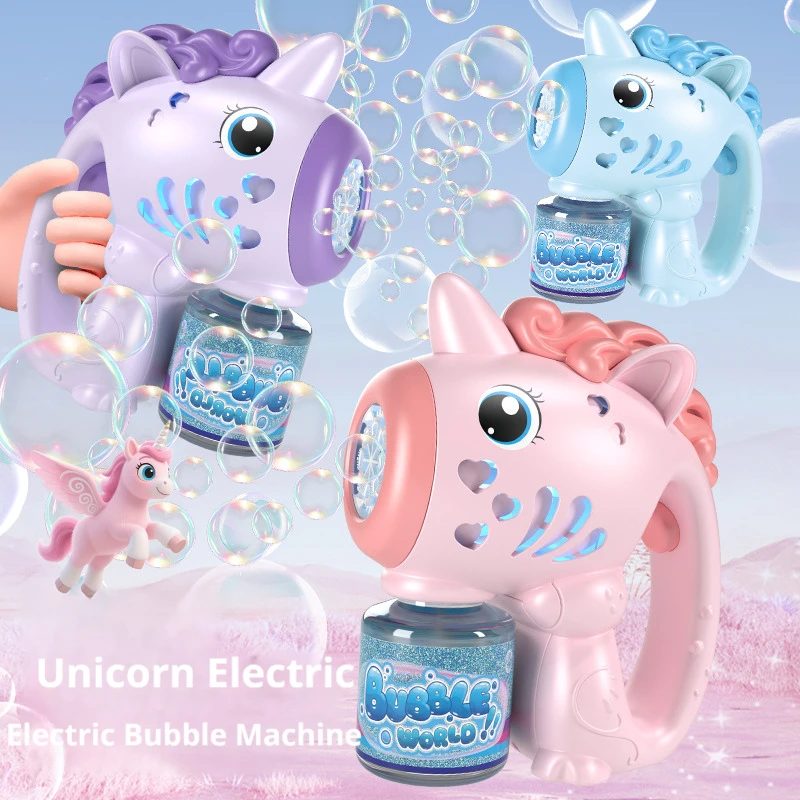 Pistola de burbujas eléctrica Unicorn, máquina de burbujas de juguete, soplador de jabón automático con luces, juegos de fiesta al aire libre de verano, regalos de cumpleaños