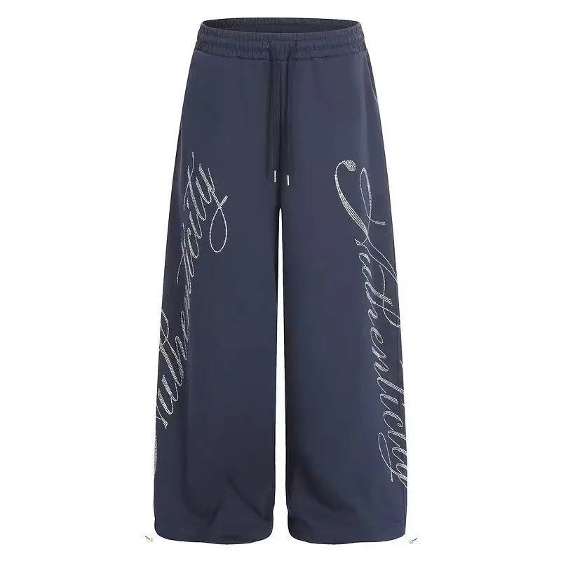 Women's Fashionable Letter Pattern Blue Sweatpants Unisex Cool Girl Casual Pants Spring Bottoms Female High Waisted Trousers