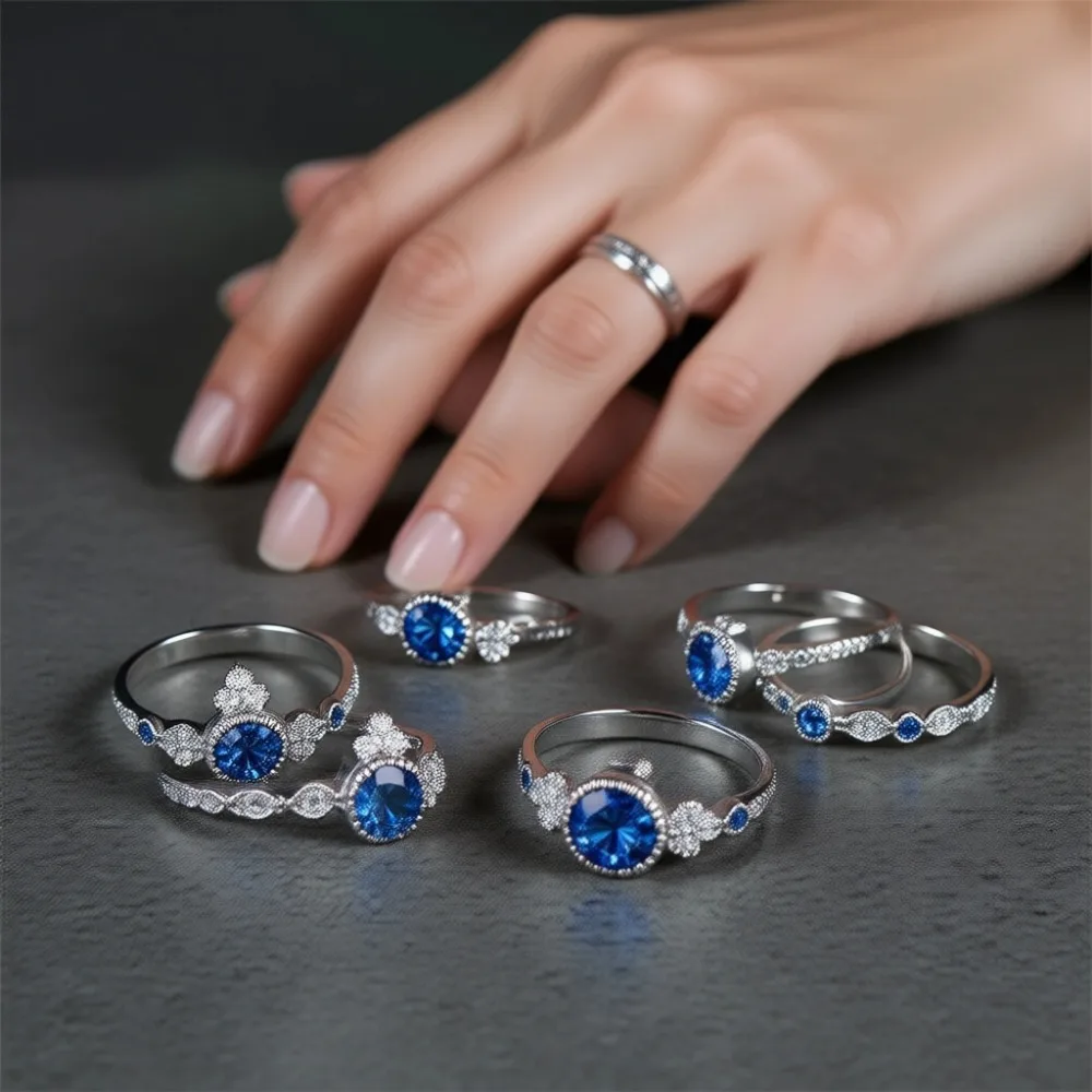 

Комплект из двух колец: обручальное и помолвочное кольца из стерлингового серебра 925 пробы с натуральным сапфиром и круглыми фианитами для женщин
