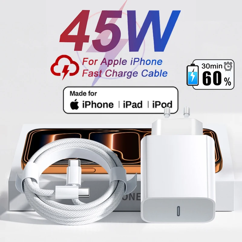 Apple D'origine 45W Type C Chargeur Pour iPhone 17 16 15 14 13 12 Pro Max Plus Samsung S24 Ultra Xiaomi 14t Charge Rapide câble de Charge