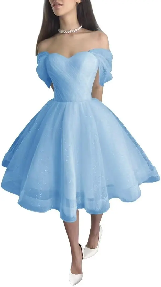 Tulle Prom Homecoming Dress Simple Wedding Party Dress Off Shoulder Short Wedding Gowns Puffy Sleeves Wedding Dresses for Bride
