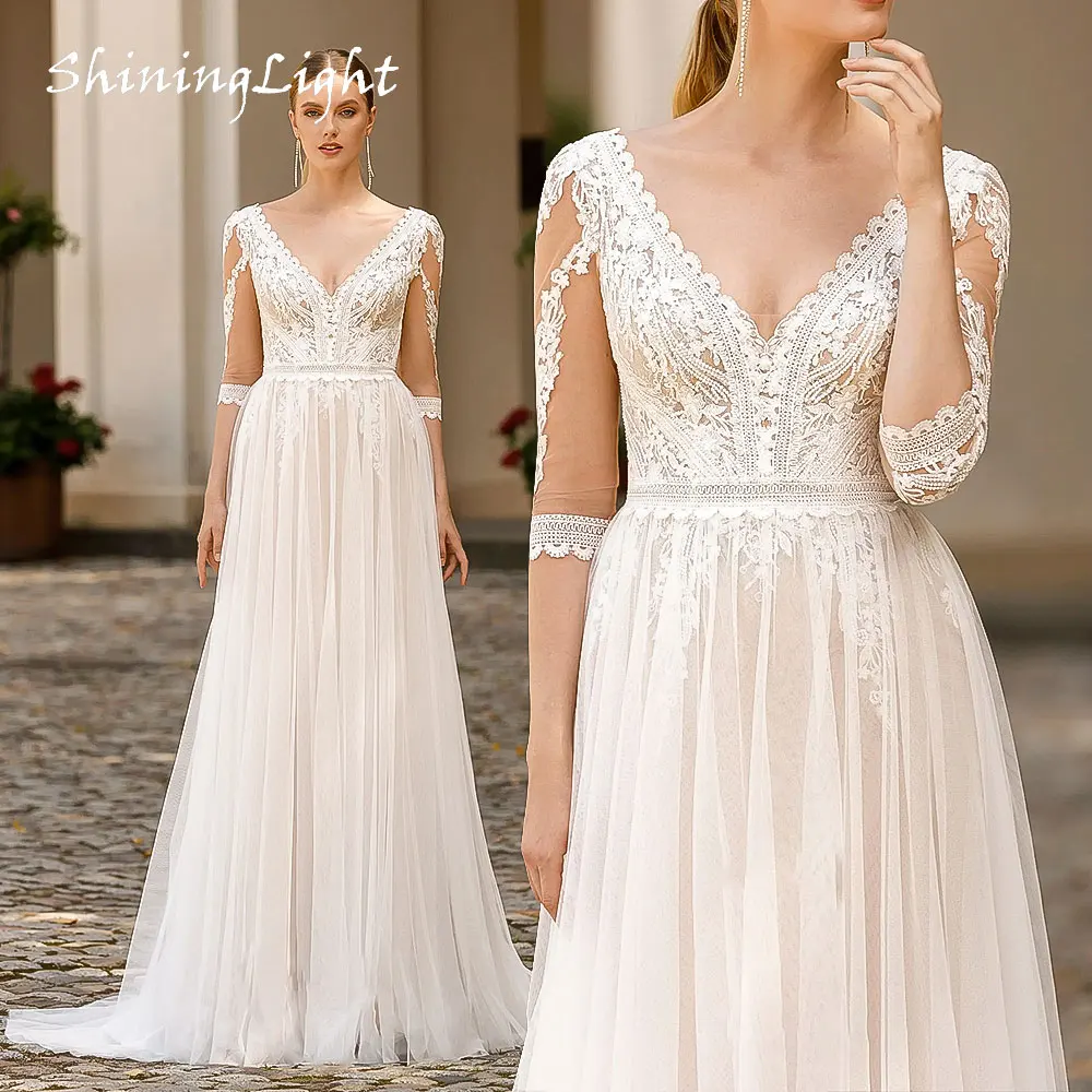 

ShiningLight Half Sleeves V Neck Lace Wedding Dresses Sweep Train A Line Tulle Boho Bridal Gowns Vestido De Noiva Customized