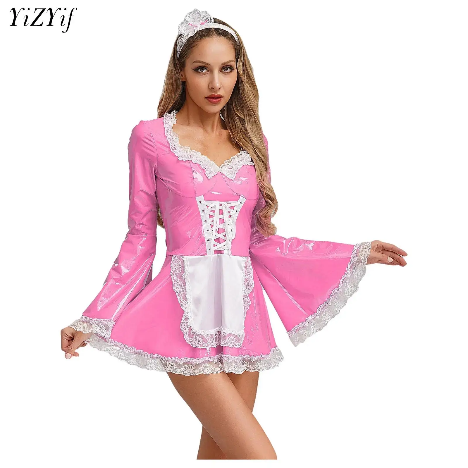 

Womens PU Leather French Maid Costume Lace Trim Lace-up Dress with Headwear Set Sexy Halloween Cosplay Teddy Babydoll Clubwear